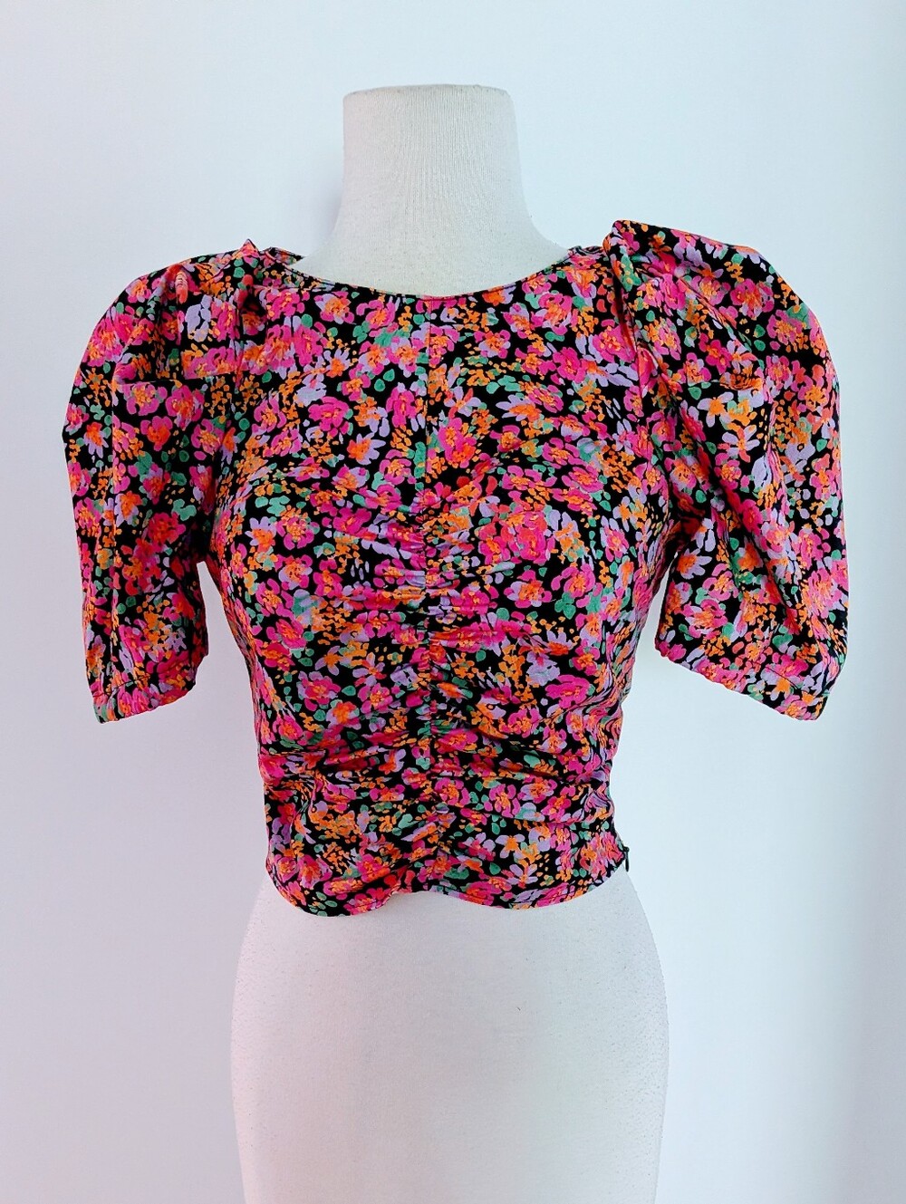 Floral Puff Sleeve Crop Top - Pink Multi